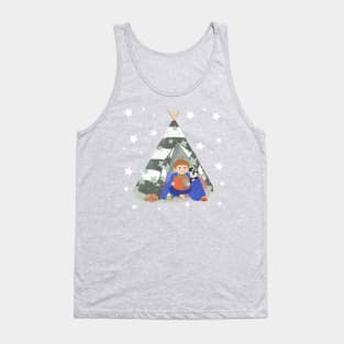 Little boy in a teepee den with story book and puppy surrounded by stars Tank Top